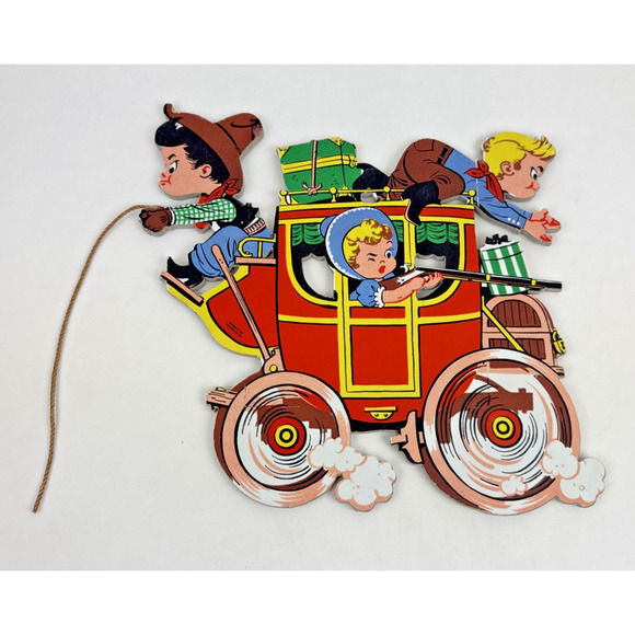 Vintage The Dolly Toy Co Cowboy Western Stage Coach Nursery Wall Plaque 1958 Set - Picture 10 of 16